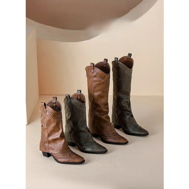 

Винтажные коричневые ботинки челси с V-образной пряжкой, модные ковбойские ботинки с острым носком в западном стиле, дизайнерские ботинки-трубы с заклепками для женщин, Нескользящие ботинки