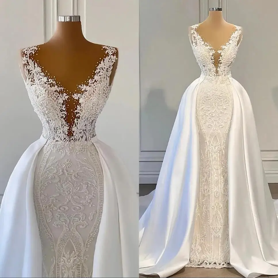 Modern Mermaid Lace Wedding Dresses With Detachable Train Beaded Applique Bridal Gowns Arabic Dubai vestidos de novia
Modern Mermaid Lace Wedding Dresses With Detachable Train Beaded Applique Bridal Gowns Arabic Dubai vestidos de novia