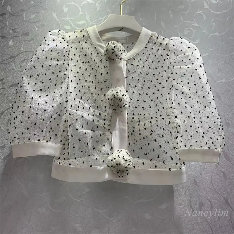 Fashion Three-Dimensional Flower Hidden Hook Gold Thread Polka Dot Jacquard Mesh Blouse Women Short Sleeve Shirt Perspective Top
Fashion Three-Dimensional Flower Hidden Hook Gold Thread Polka Dot Jacquard Mesh Blouse Women Short Sleeve Shirt Perspective Top