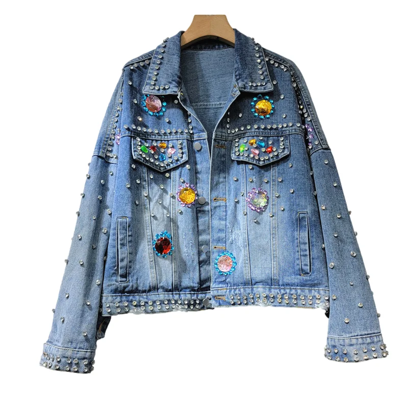 

Vintage Blue Beading Diamonds Denim Jacket Women Loose Short Hem Frayed Cowboy Outerwear Spring Long Sleeve Jeans Jacket Female