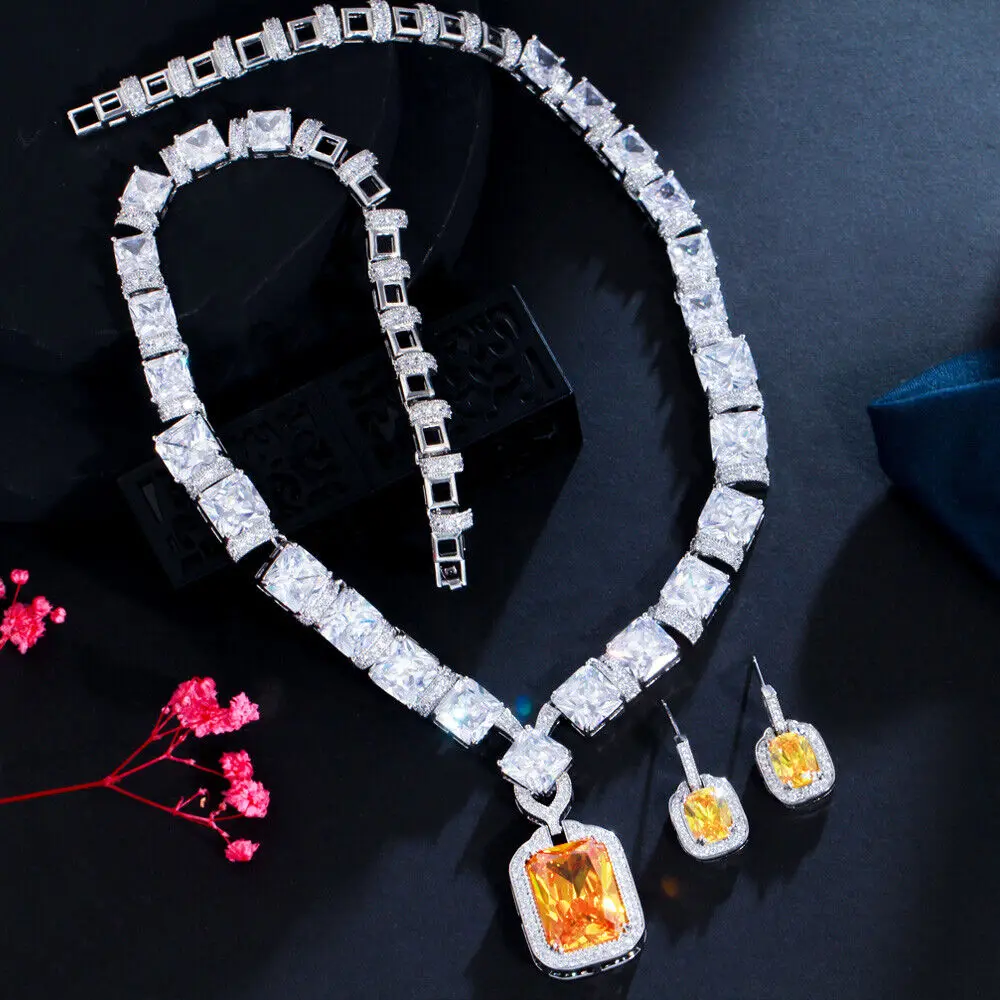 Топ Желтый CZ камень квадратный помолвка ожерелье серьги 
Топ Желтый CZ камень квадратный помолвка ожерелье серьги