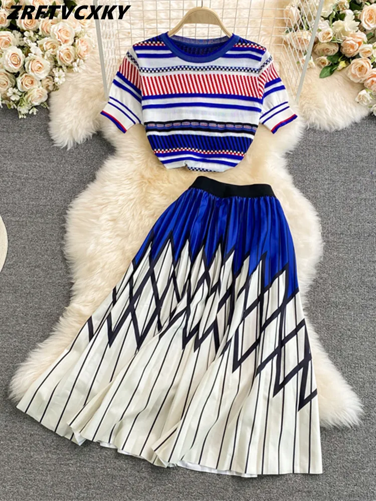 2022 Summer 2 Pieces Set Women Sexy O-Neck Short Sleeve Vintage Striped Knitted Pullover Sweater and Midi Pleated Skirt Suits
2022 Summer 2 Pieces Set Women Sexy O-Neck Short Sleeve Vintage Striped Knitted Pullover Sweater and Midi Pleated Skirt Suits