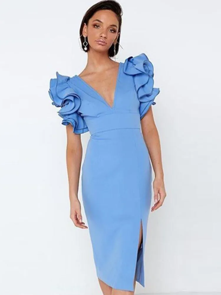 Women Summer Style Sexy V Neck Designer Ruffles Sky Blue Split Midi Bodycon Bandage Dress 2022 Elegant Evening Party Club Dress
Women Summer Style Sexy V Neck Designer Ruffles Sky Blue Split Midi Bodycon Bandage Dress 2022 Elegant Evening Party Club Dress