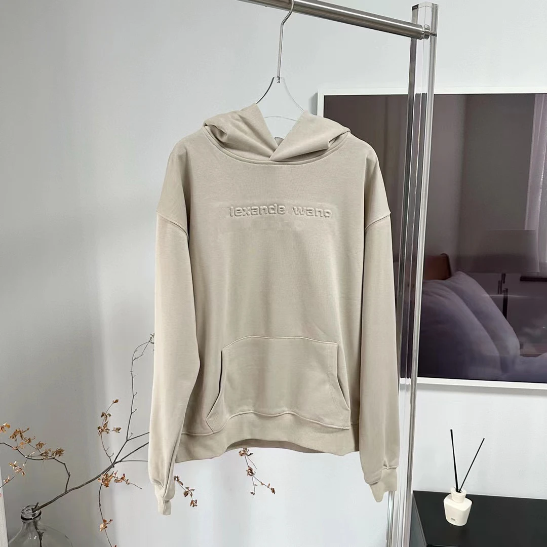 Женский хлопковый свитер с капюшоном, повседневный свободный свитер с карманами и тиснеными надписями, Осень-зима 2023