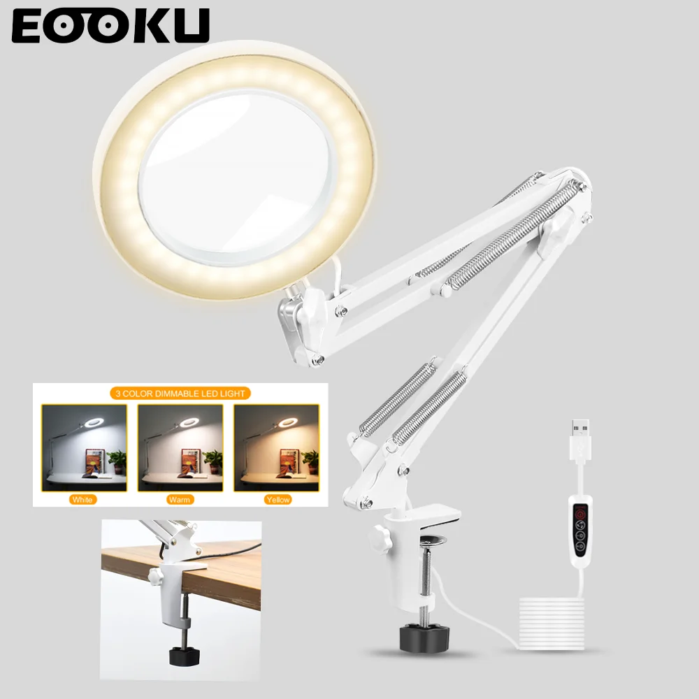 

EOOKU Table Clamp Desk Lamp 8W USB LED 3 Colors Dimming Eye Protection Adjustable Arm for Reading/Working/Beauty Manicure/Solder