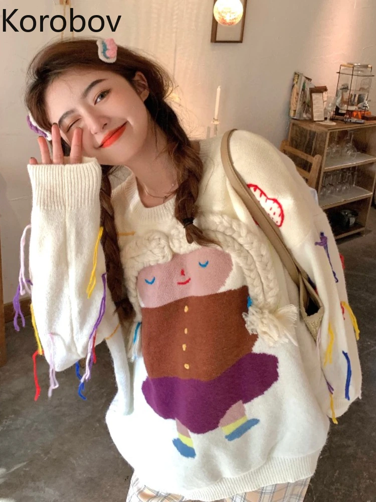 Korobov Autumn Japan Lazy Knitted Tops Korean Fashion Loose Cartoon Tassel Sweater Warm Pull Femme Vintage Sueters De Mujer
Korobov Autumn Japan Lazy Knitted Tops Korean Fashion Loose Cartoon Tassel Sweater Warm Pull Femme Vintage Sueters De Mujer
