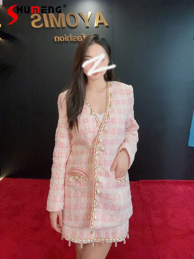 2022 Fall Winter Women's Fashion Sweet Pink Beads Mid-Length Coat Ladies New Trendy Retro Elegant Above Knee Skirt Two-Piece Set
2022 Fall Winter Women's Fashion Sweet Pink Beads Mid-Length Coat Ladies New Trendy Retro Elegant Above Knee Skirt Two-Piece Set