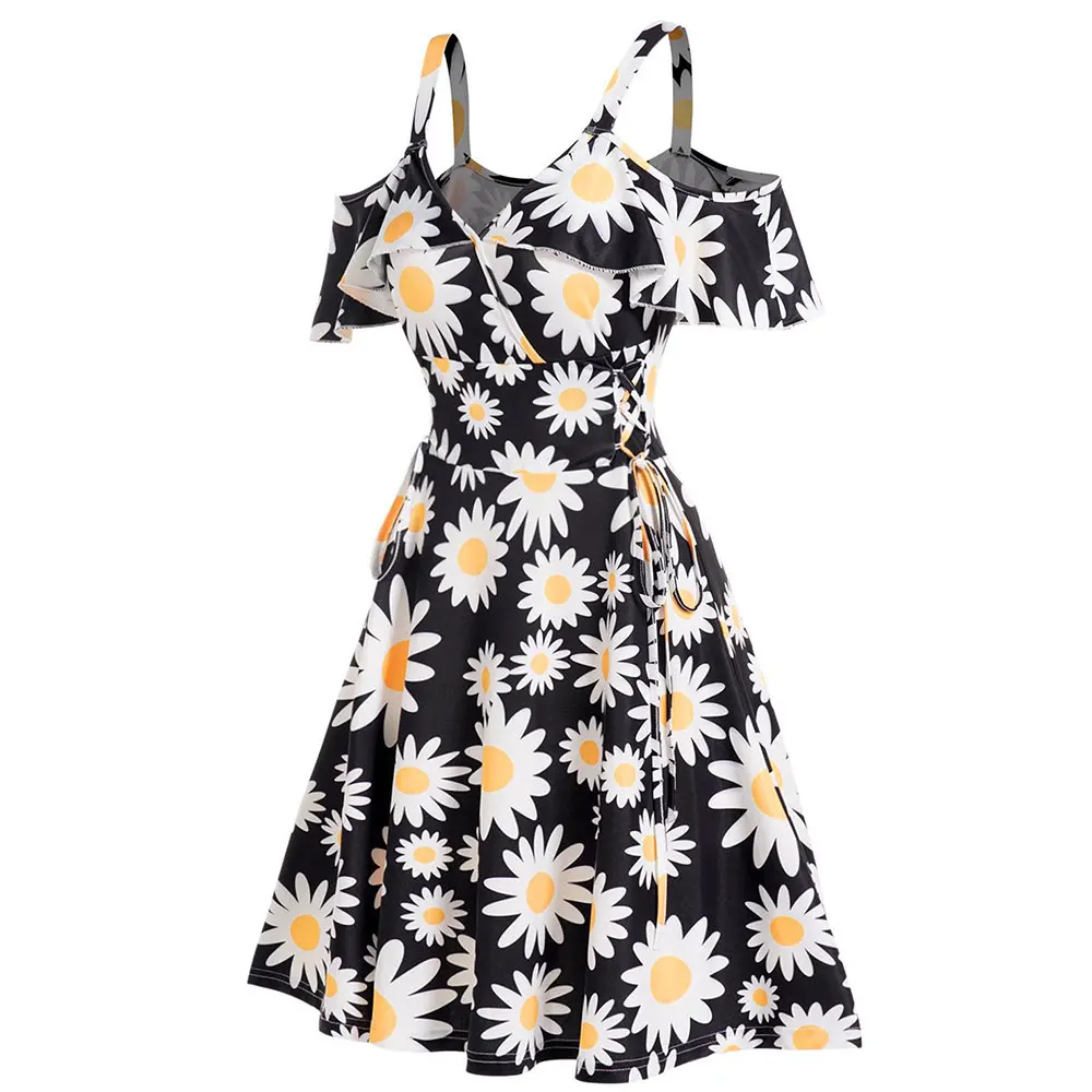 

Dressfo Flower Printed Dresses Short Sleeves Shoulder Ruffle Summer Dress Spring High Waist Lace Up Floral Dress For Women