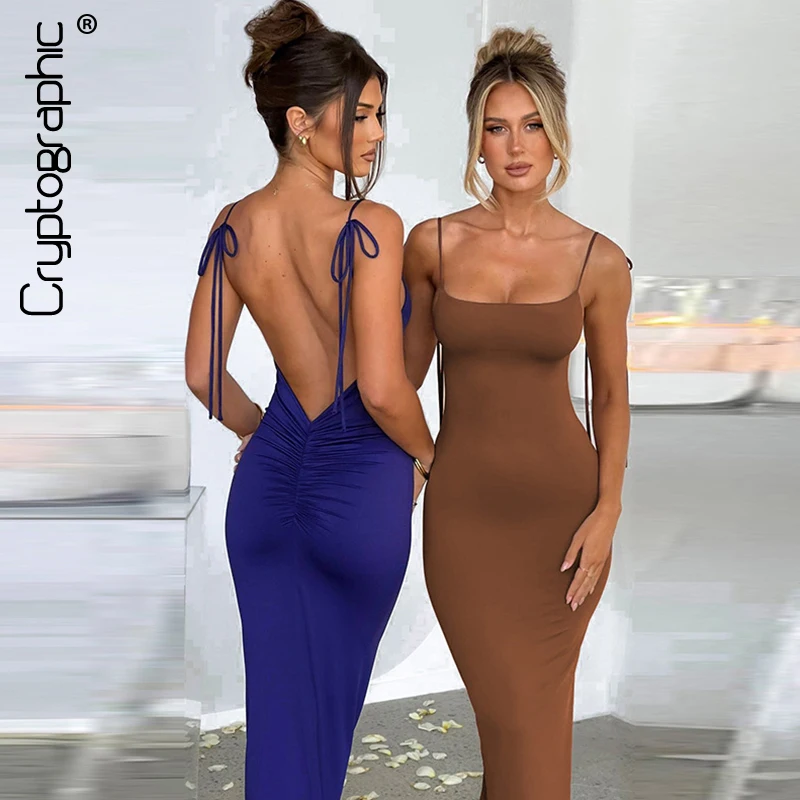 

Cryptographic Elegant 2023 Summer Outfits Sexy Draped Backless Maxi Dresses for Women Ruched Bandage Gown Long Dress Party Club
