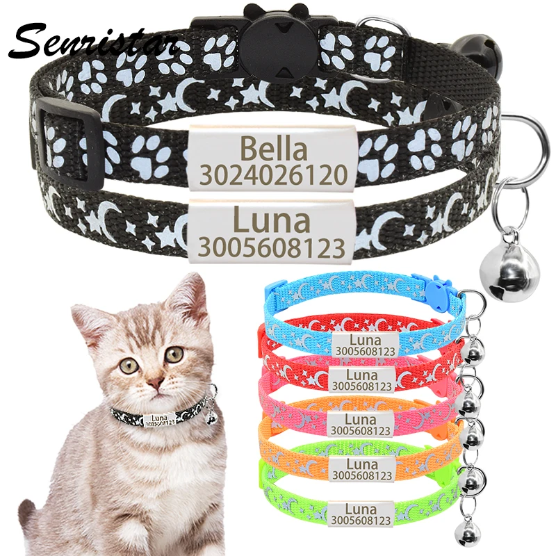 

Personalized 2 Pack Reflective Nameplate Cat Collar Custom Safety Breakaway Name Tag Cat Collar Stars Moons Kitty Collar Bell