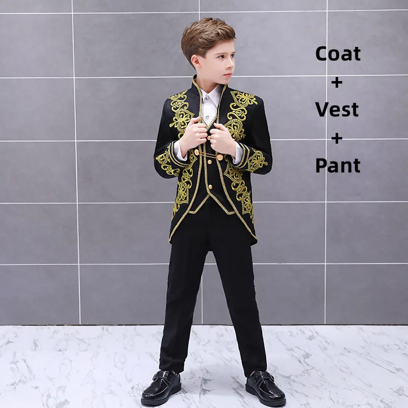 

Children's Lovely Blazer Vest Pants 3pcs Suit Set Boys Golden Flower European Court Prince Charming Stage Drama Show Costume