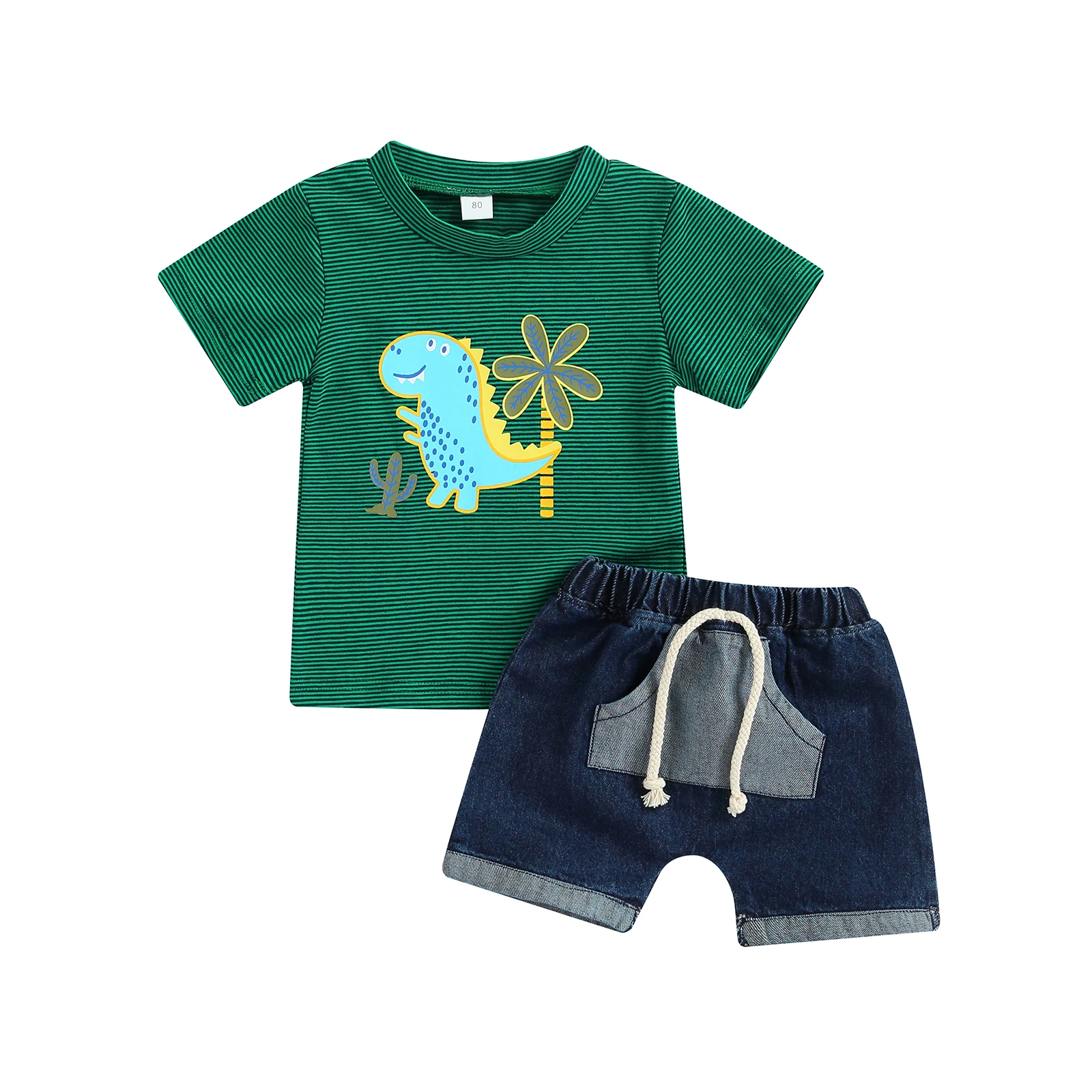 Lovely Baby Boy Shorts Set, Round Neck Short Sleeve Dinosaur Stripe T-Shirt Elastic Waist Draw String Denim Shorts 6M-3T 
Lovely Baby Boy Shorts Set, Round Neck Short Sleeve Dinosaur Stripe T-Shirt Elastic Waist Draw String Denim Shorts 6M-3T