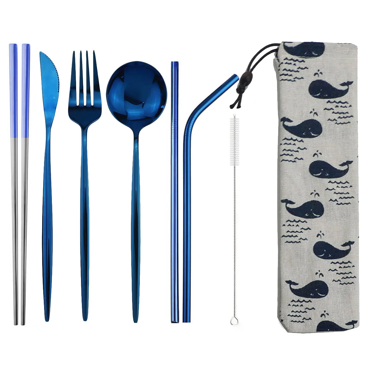 8pcs Dinneware Set Portable Travel Blue Cutlery Set 304 Stainless Steel Knife Fork Spoon Chopsticks Straw Silverware with Pouch
8pcs Dinneware Set Portable Travel Blue Cutlery Set 304 Stainless Steel Knife Fork Spoon Chopsticks Straw Silverware with Pouch