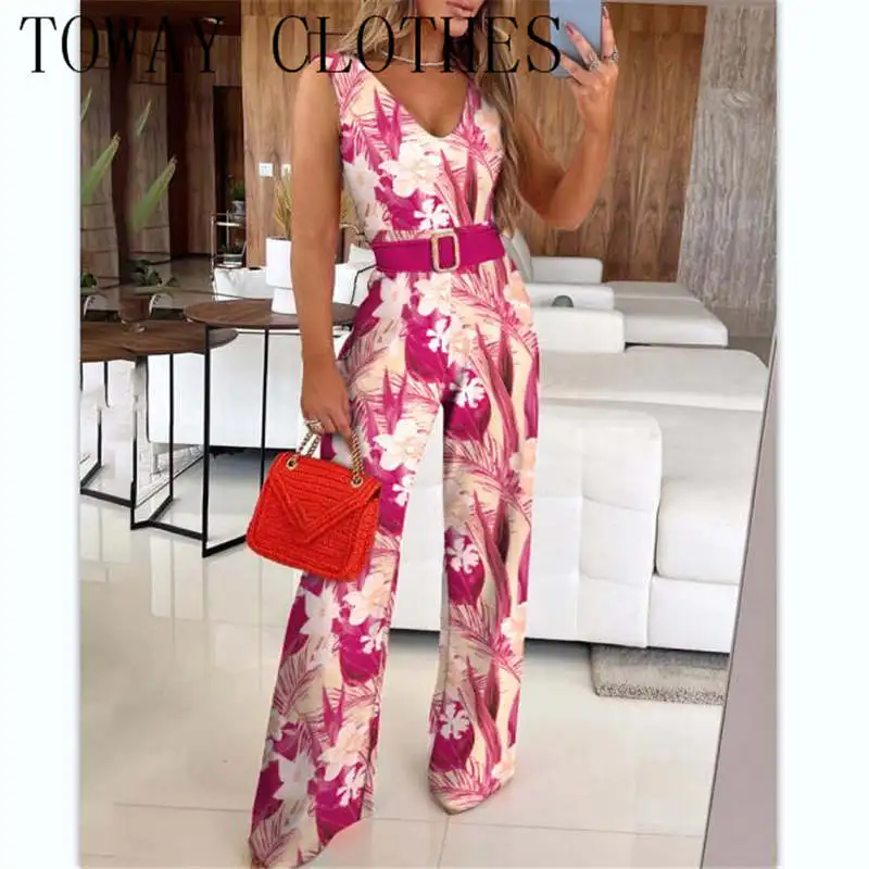 

Women Off Shoulder Ruffle Hem Tropical Print Sleeveless Belt Design Jumpsuit Party Overalls Loose OL Work Playsuits