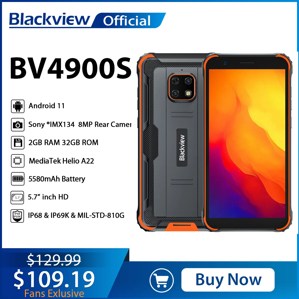 

Blackview BV4900S Rugged Smartphone IP68 Waterproof Cellphones 2GB+32GB Android 11 Octa Core Mobile Phone 5580mAh 5.7inch Phone