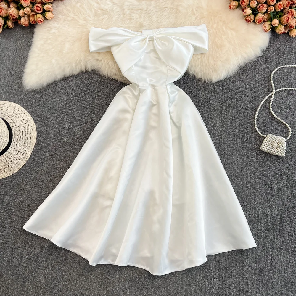 Women White Satin Dress Summer Elegant Party Dress Sexy Off Shoulder Empire Lace-up Bandage Back A-line Midi Dress with Lining
Women White Satin Dress Summer Elegant Party Dress Sexy Off Shoulder Empire Lace-up Bandage Back A-line Midi Dress with Lining