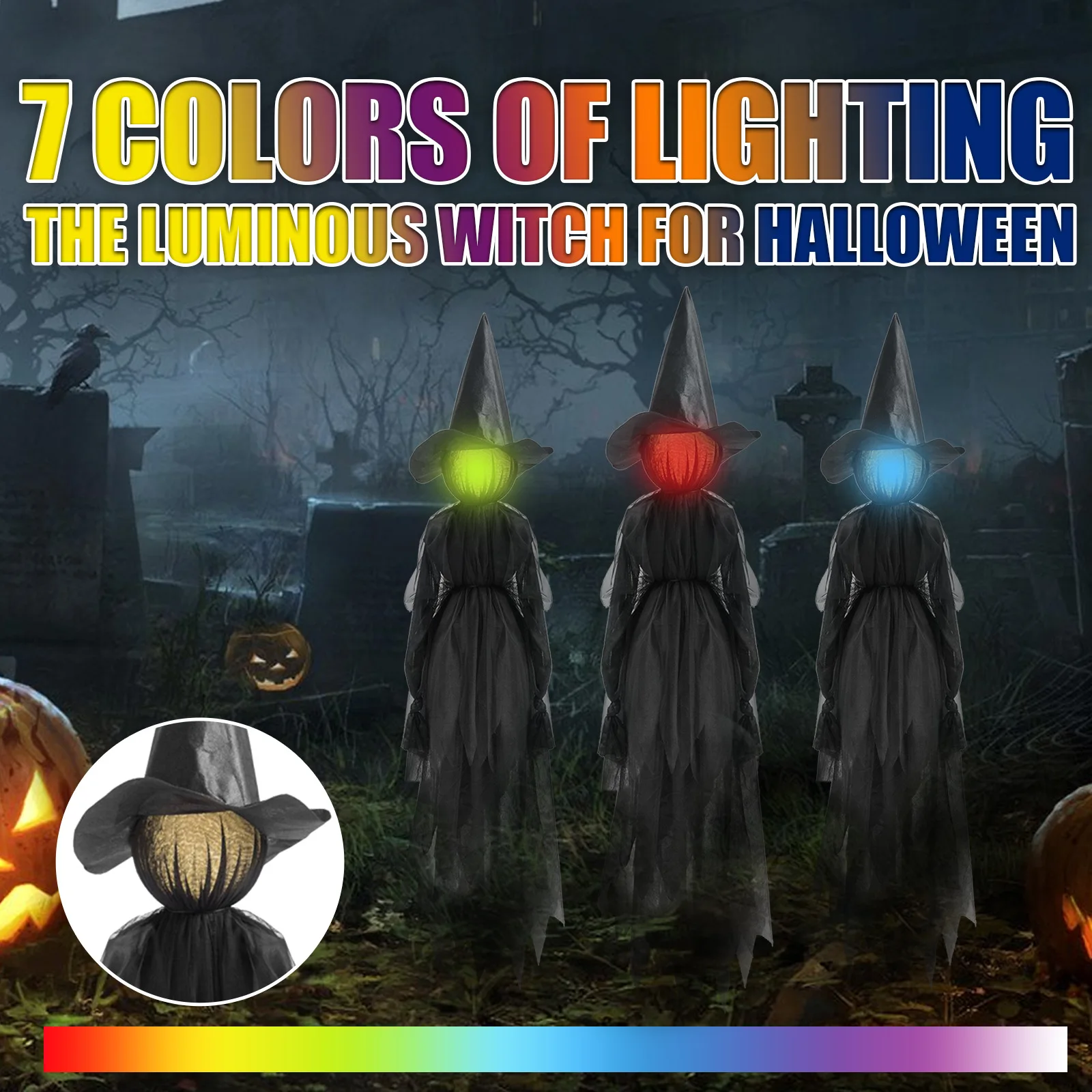 

Halloween Luminous Witches Seven Color Light Three People Holding Hands Decoration Ornaments with Stakes Waterproof Yard Party
