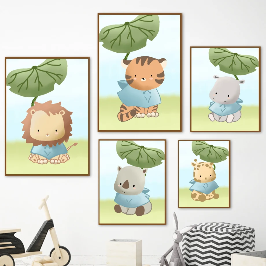 

Tiger Lion Giraffe Elephant Hippo Rhino Leaves Nursery Wall Art Canvas Painting Posters And Prints Wall Pictures Kids Room Decor