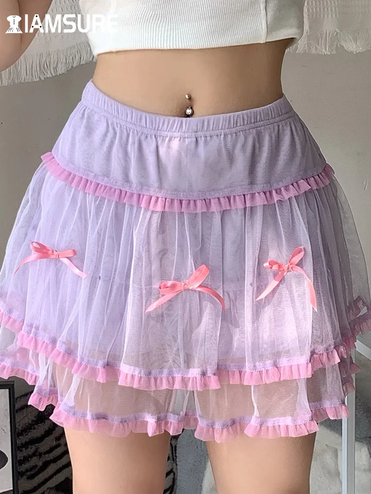 

IAMSURE Sweet Cute Mesh A-Line Skirt Withe Skirt See Through Bow Ruffles Mid-Waisted Mini Skirts Women 2022 Summer Spring Girls