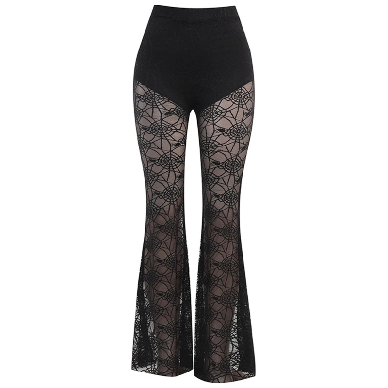

Womens Mesh Spiderweb Print Flared Leg High Waisted Sheer Pants Lace Trousers