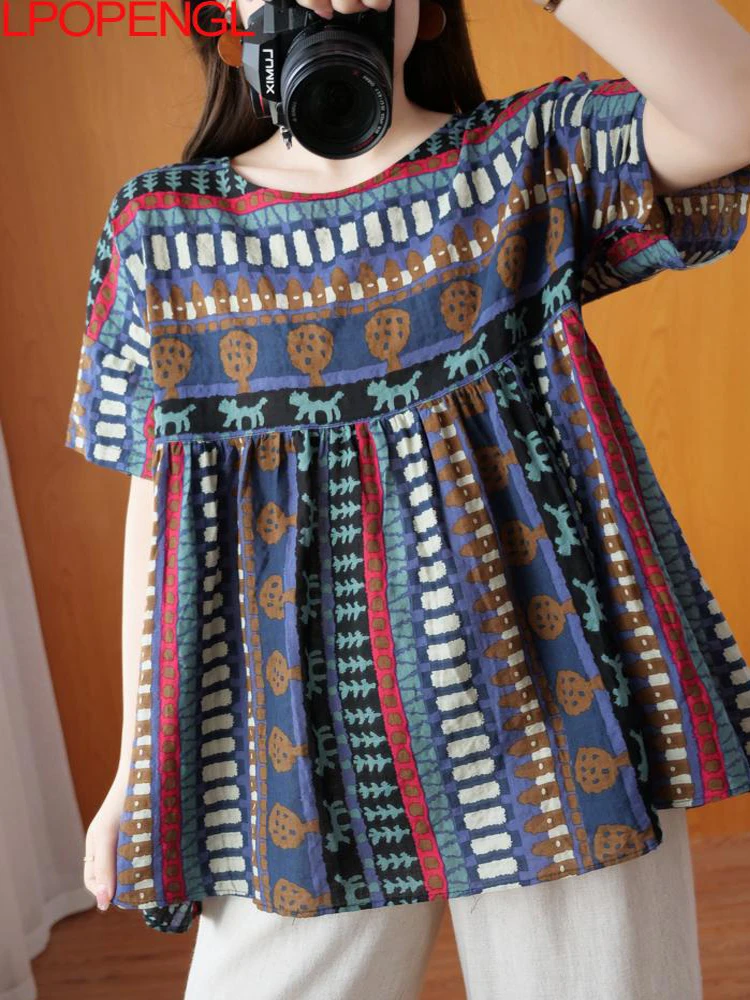 Женская винтажная рубашка с коротким рукавом, круглым вырезом и принтом граффити 
Женская винтажная рубашка с коротким рукавом, круглым вырезом и принтом граффити