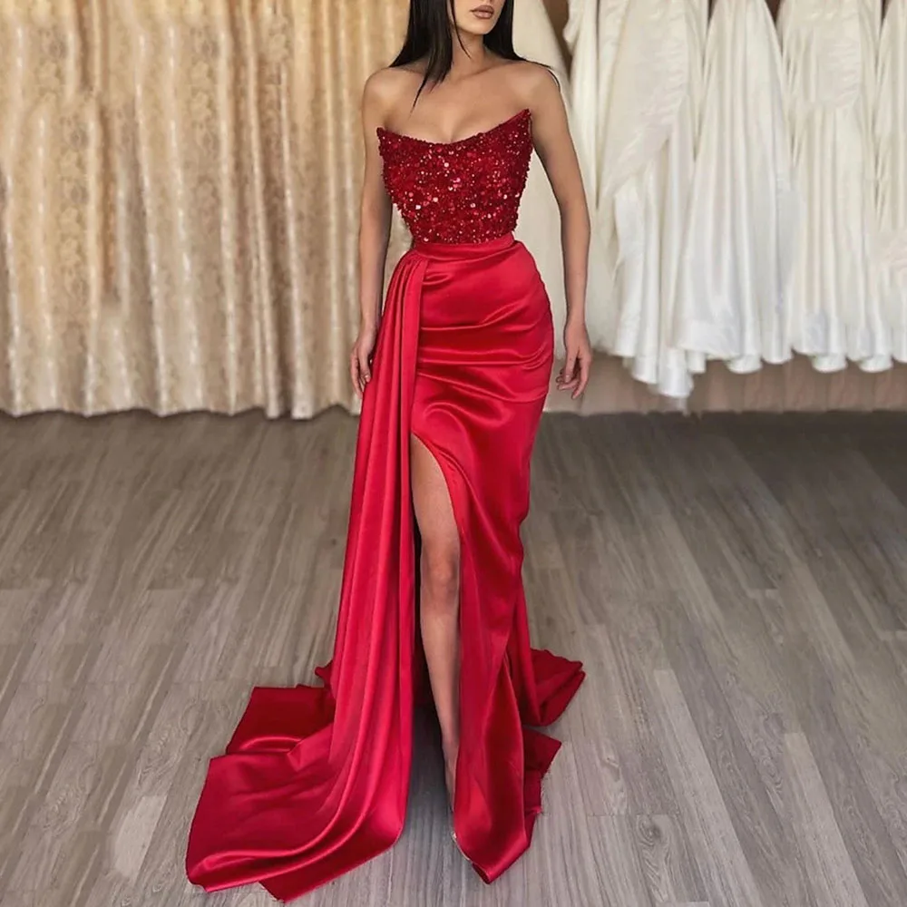 2022 Sexy High Split Formal Dress Strapless Sleeveless Sweep Brush Train Satin With Sequin Slit Women Party Gowns Custom Made
2022 Sexy High Split Formal Dress Strapless Sleeveless Sweep Brush Train Satin With Sequin Slit Women Party Gowns Custom Made