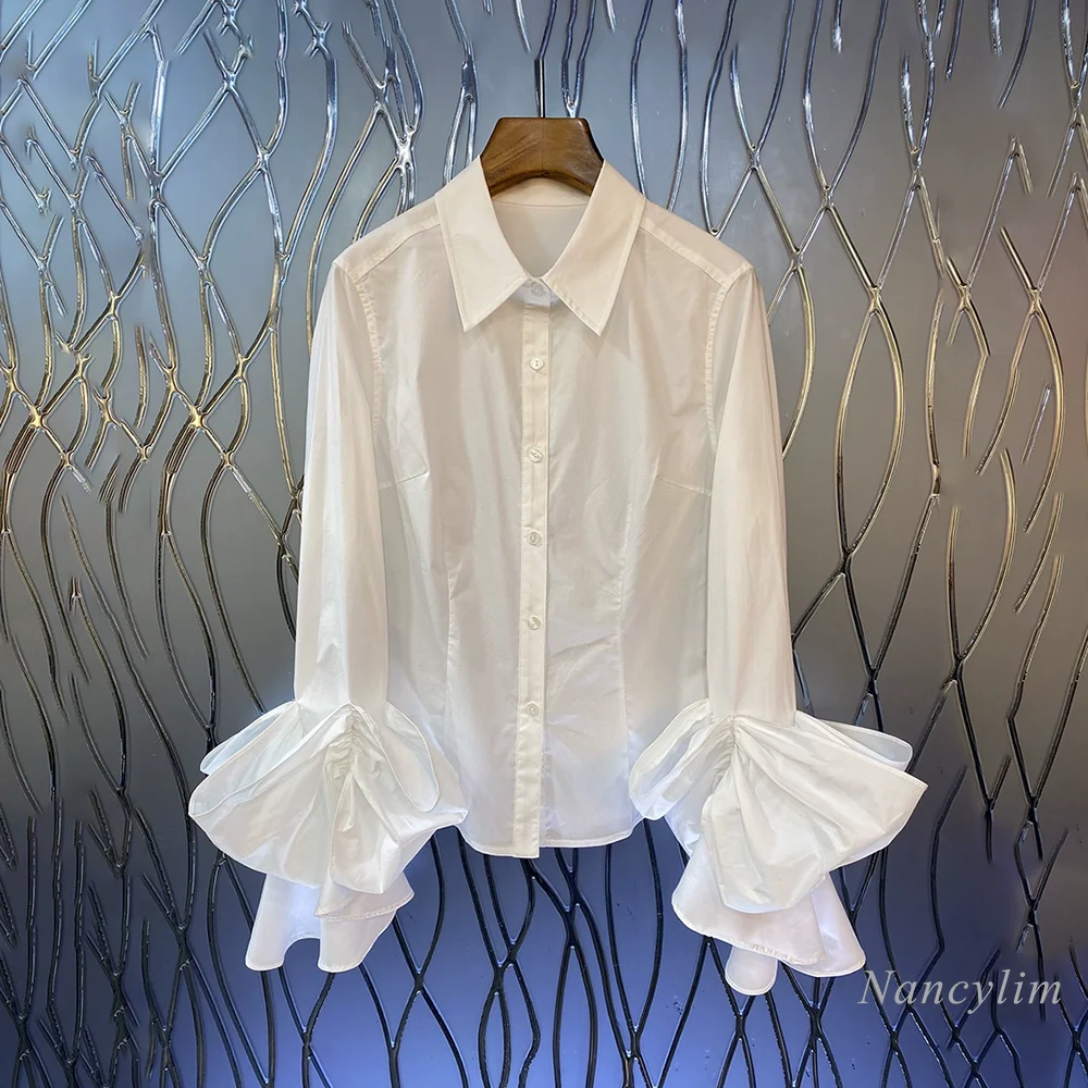 

2023 Autumn Women's Long Sleeve Stitching Bud Bell Sleeve Shirt New Elegant Slimming White Blouse Turn Collar Blusas Tops