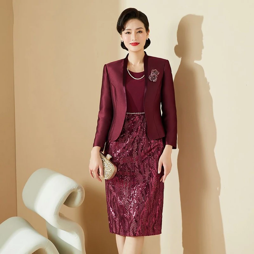 

Burgundy Two-pieces Mother of the Bride Dress Applique With Jacket Knee Length O-neck Formal Meeting Clothing Wedding Mom Gowns