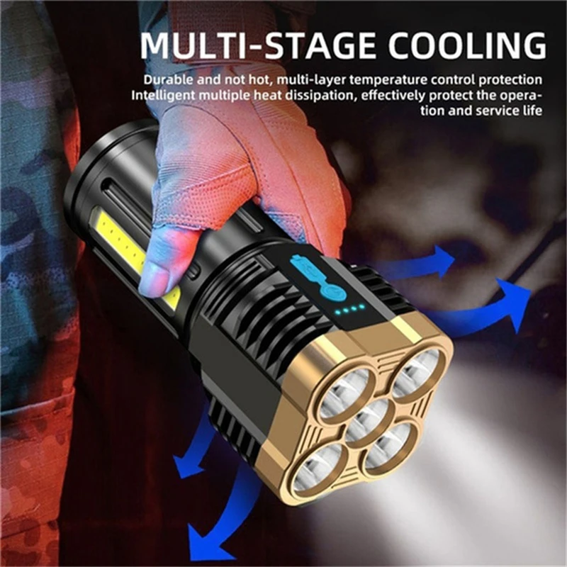 High Power Waterproof Flashlight USB Rechargeable 5 LED Flashlight Long-range Spotlight Battery Display COB Light for Camping
High Power Waterproof Flashlight USB Rechargeable 5 LED Flashlight Long-range Spotlight Battery Display COB Light for Camping