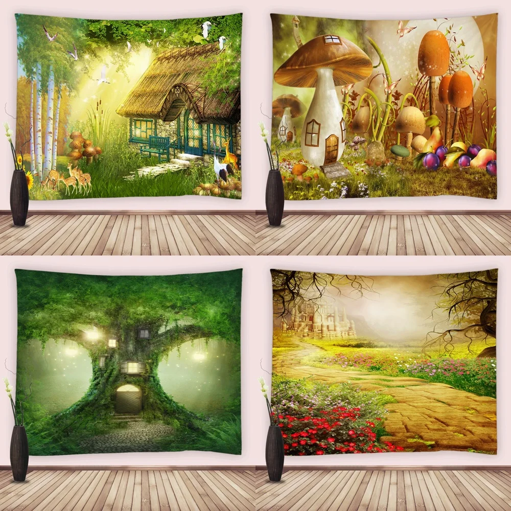 

Magical Mushroom Tapestry Fantasy Forest Fairytale Wonderland Tree House Tapestries Wall Hanging Art for Kids Girl Bedroom Decor