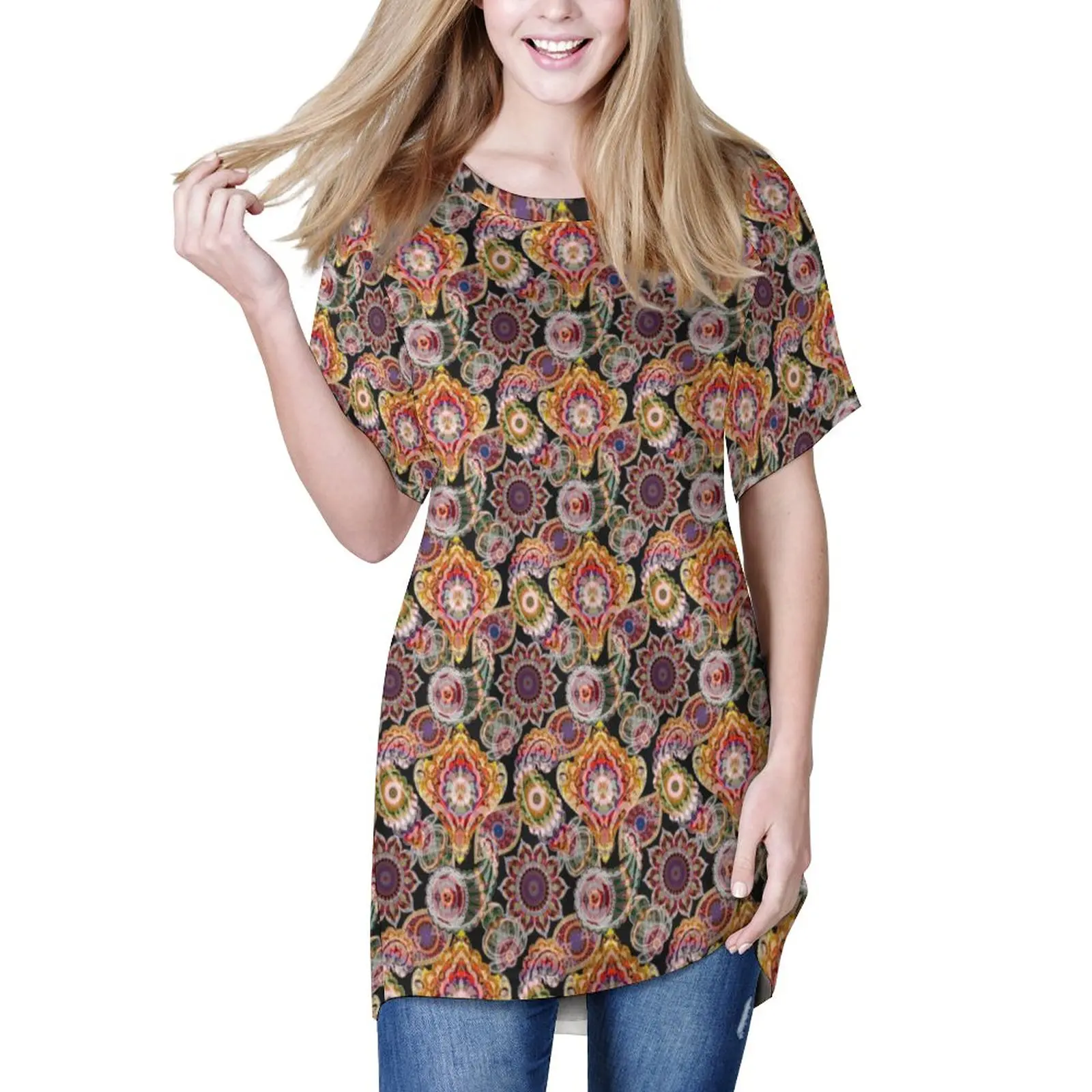 Винтажная Футболка с принтом мандалы, Элегантные дизайнерские футболки с пейсли, Повседневная Длинная футболка с коротким рукавом, сексуал...
Винтажная Футболка с принтом мандалы, Элегантные дизайнерские футболки с пейсли, Повседневная Длинная футболка с коротким рукавом, сексуал...