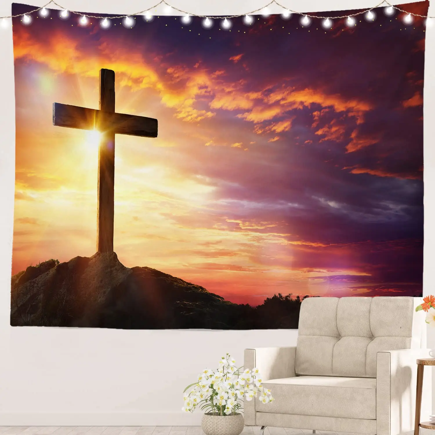

Tapestry Christ on The Cross Tapestry Wall Art Christian Faith Decoration Gifts for Bedroom Living Room Dormitory Sunset Cross