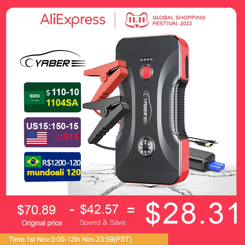 YABER Jump Starter 12800mAh 800A Mini Power Bank for 12V Car Emergency Starter Auto Car Booster Jump Starter Portable Power Bank
YABER Jump Starter 12800mAh 800A Mini Power Bank for 12V Car Emergency Starter Auto Car Booster Jump Starter Portable Power Bank