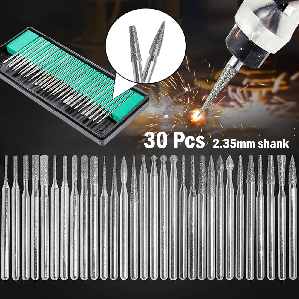 30pcs 2.35mm Shank Diamond Burs Set With Box For Electric Power Tool Accessories Abrasive Tools For Processing Wood Glass Plasti
30pcs 2.35mm Shank Diamond Burs Set With Box For Electric Power Tool Accessories Abrasive Tools For Processing Wood Glass Plasti