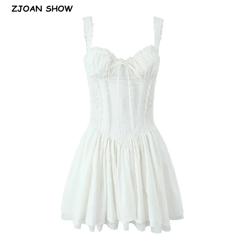 

2023 Sexy Bow Chest Ruched Chest Spliced Lace Corset Style Sling Dress Woman Cross Bandage Back Low Waist Swing A line Mini Robe