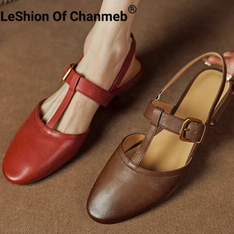 

Leshion Of Chanmeb Women Genuine Leather Flat Sandals T-strap Buckle Slingback Flats Coffee Color Retro Summer Lady Sandal Shoes