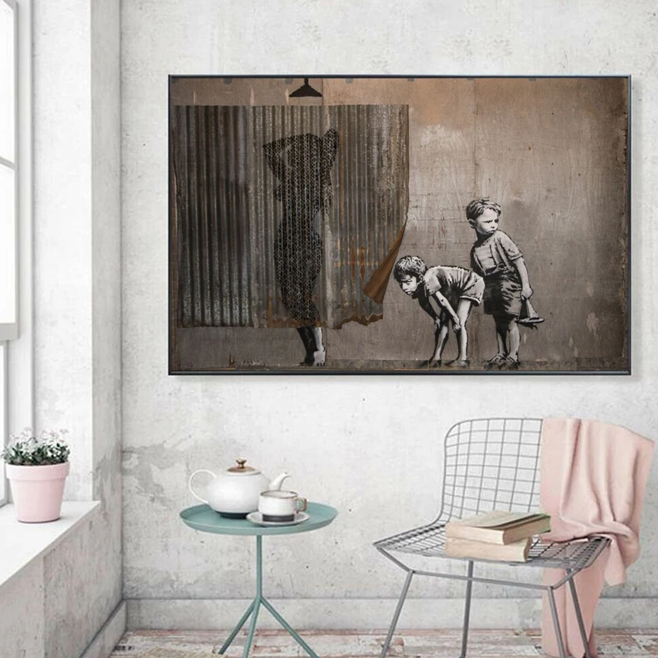 

Banksy Art Painting Boy Peeking At Woman Taking Bath Funny Posters and Prints Printed On Canvas Wall Art Picture for Living Room