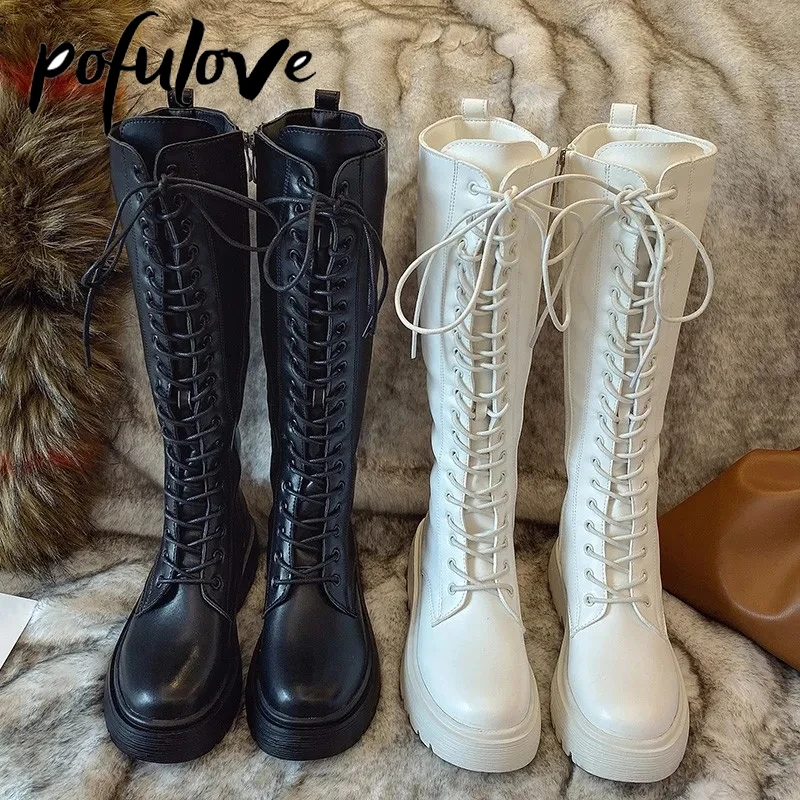 Pofulove Thigh High Boots Flat Shoes Boots Women Gothic Black White Leather Boots Winter Shoes Sexy Lady Botas Lace Up Zapatos
Pofulove Thigh High Boots Flat Shoes Boots Women Gothic Black White Leather Boots Winter Shoes Sexy Lady Botas Lace Up Zapatos
