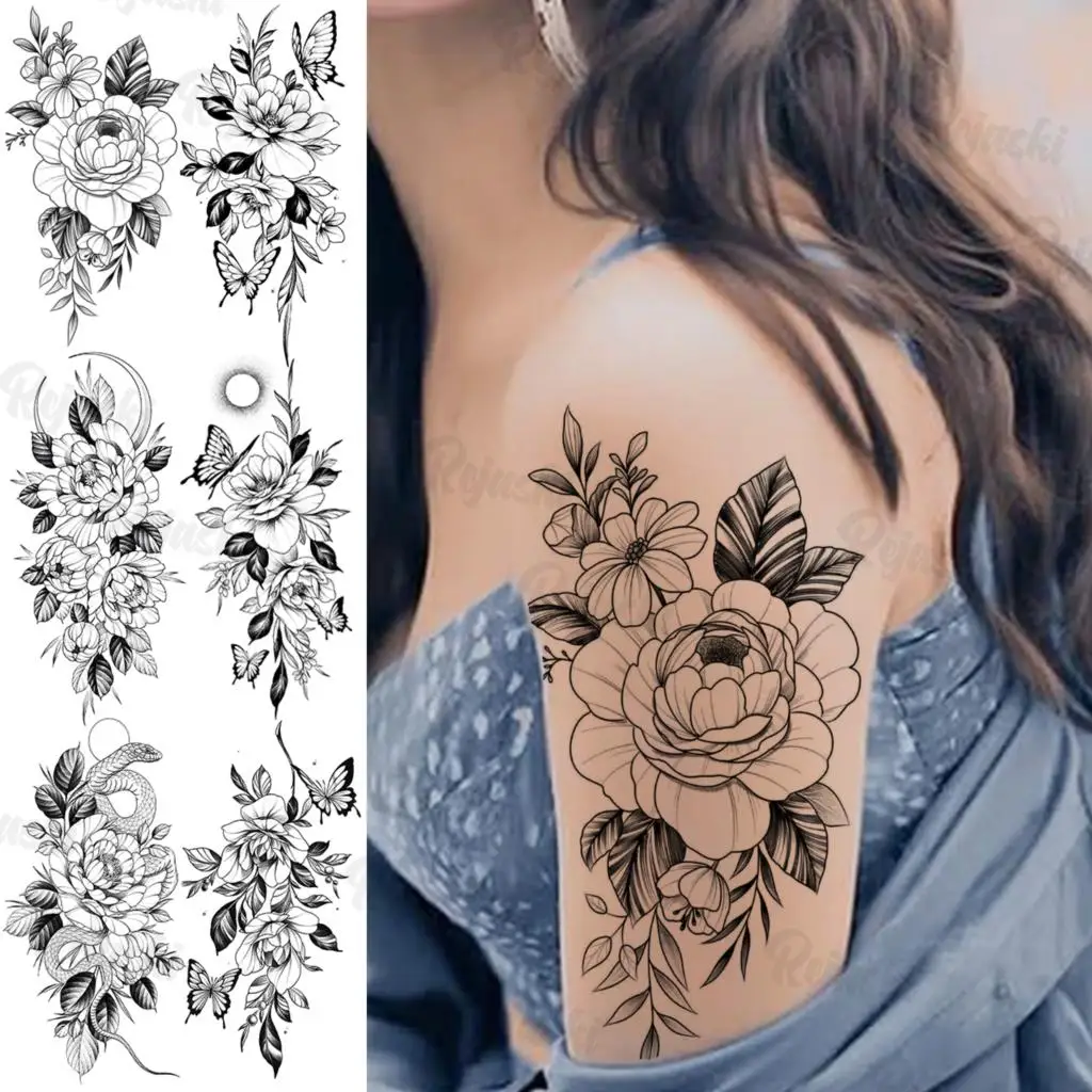 

Large Rose Flower Temporary Tattoos For Women Girls Realistic Butterfly Snake Lotus Flora Fake Tattoo Sticker Arm Leg Tatoos