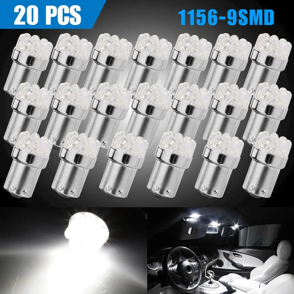 

20pcs Led Light Bulb 1156 Ba15s 9smd Tail Brake Backup Reverse Light 360 Degrees Beam 6000k 1141 White Lamp Bulbs