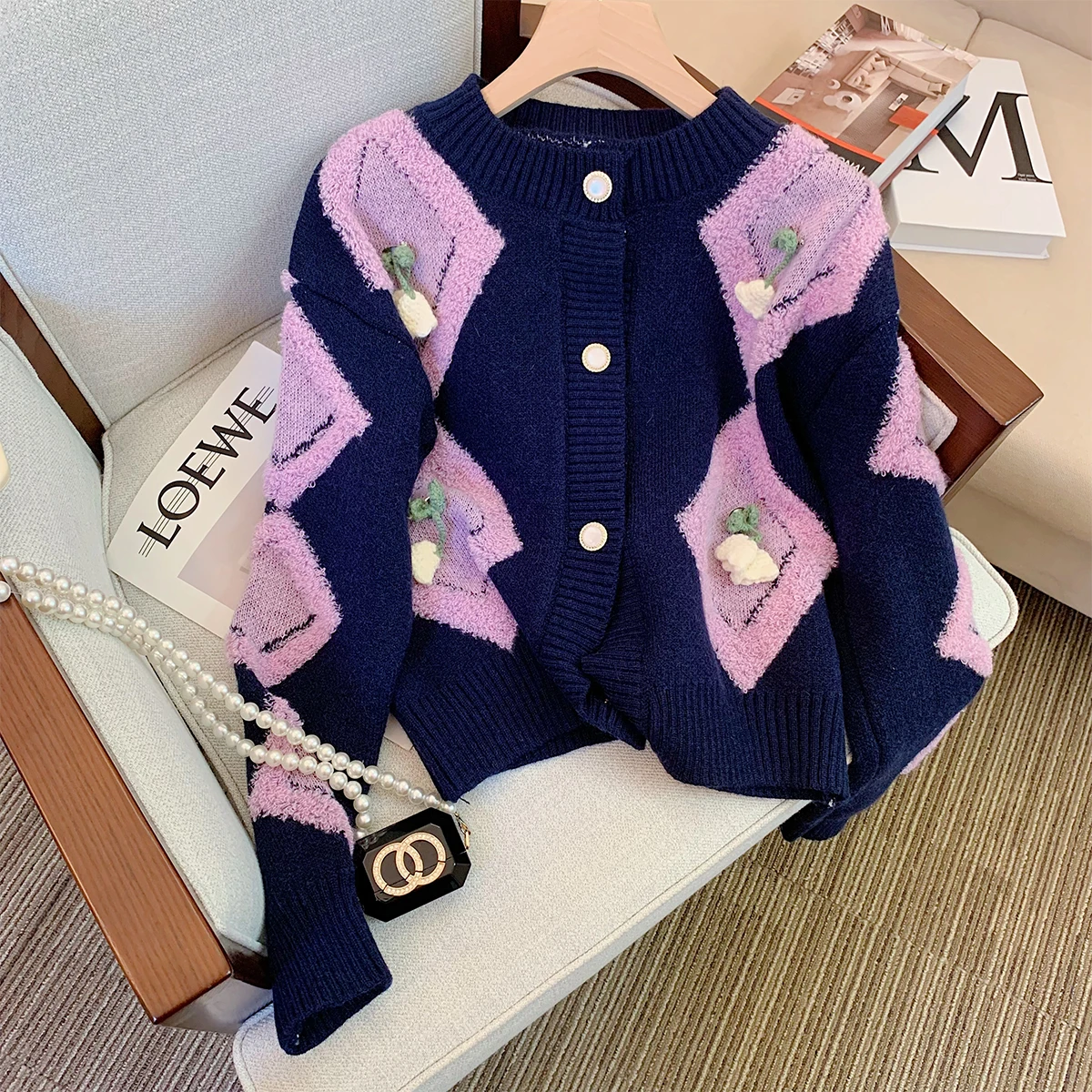 

Korean Fashion Floral Argyle Sweater Cardigan Women Harajuku Vintage Oversize Button Up Knitted Jumper Female Preppy Jackets
