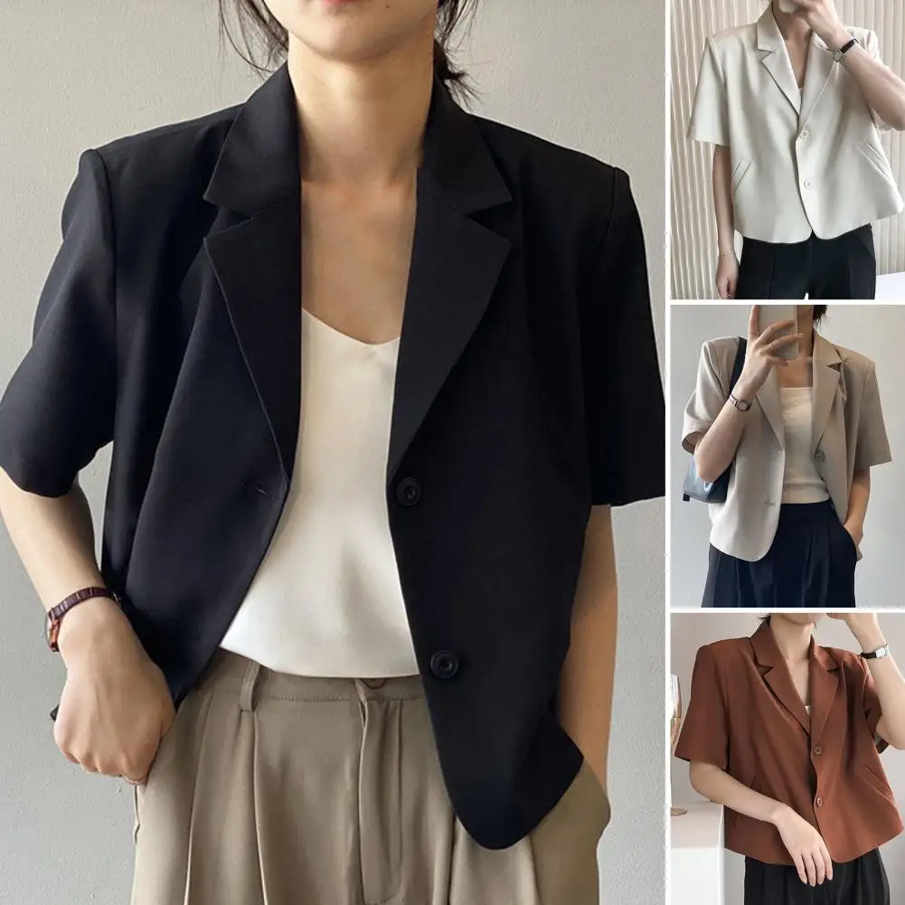 Lapel Notched Collar Solid Color Single Breasted Summer Women Blazer Korean Style Short Sleeve Thin Cropped Suit Coat Outerwear
Lapel Notched Collar Solid Color Single Breasted Summer Women Blazer Korean Style Short Sleeve Thin Cropped Suit Coat Outerwear