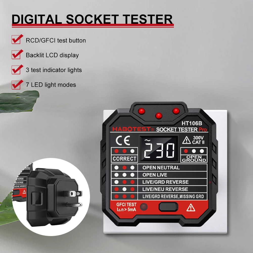 Digital Socket Tester Smart Voltage Detector RCD GFCI NCV Test Large LCD Display Ground Zero Line Test Polarity Phase Check
Digital Socket Tester Smart Voltage Detector RCD GFCI NCV Test Large LCD Display Ground Zero Line Test Polarity Phase Check