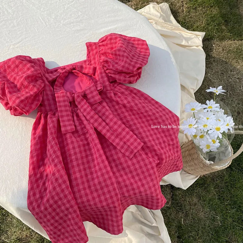 Летнее розовое клетчатое платье с бантом элегантное детское миди в стиле