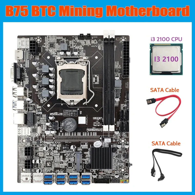 

Материнская плата B75 ETH для майнинга + Процессор I3 2100 + кабель 2xsata LGA1155 8xpcie USB адаптер MSATA DDR3 B75 USB Майнер материнская плата