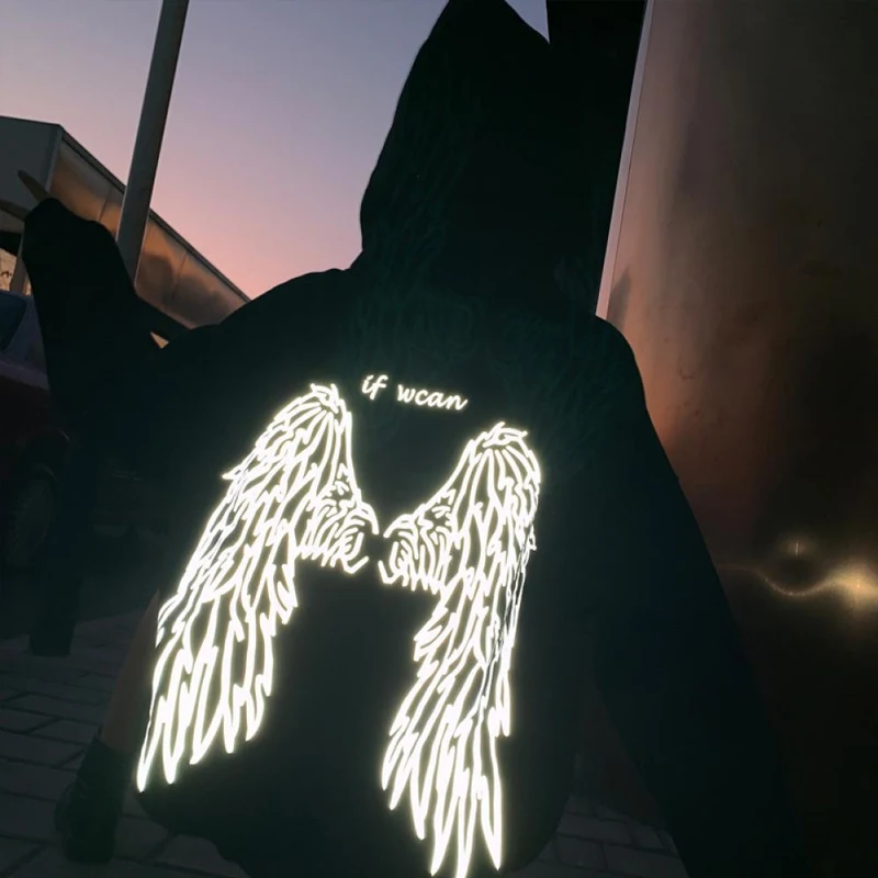 

Fall New Y2K Gothic Men's Fashion Angel Wings Reflective Hoodie Casual Jogger Top Harajuku Loose Street Hip Hop Unisex Pullover