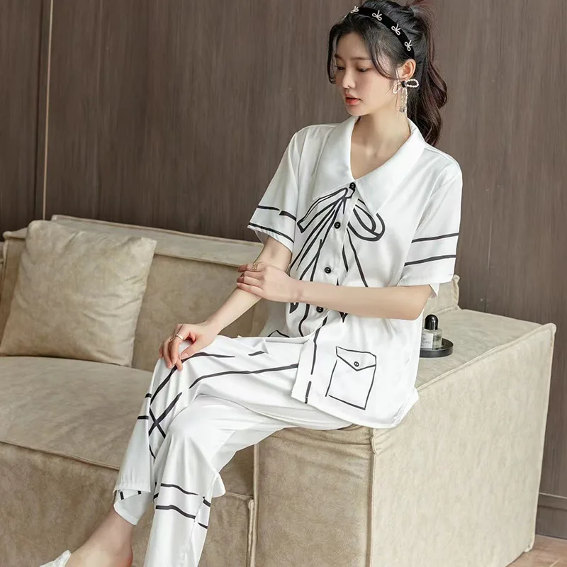 New pajamas women bow print ice silk homewear short sleeve trousers two-piece set kawaii pajama
New pajamas women bow print ice silk homewear short sleeve trousers two-piece set kawaii pajama