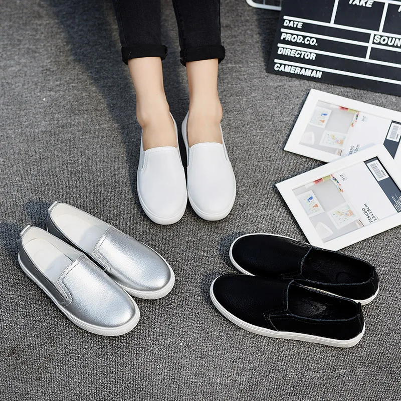

Spring White Shoes Women Casual Shoes Loafers Solid Color Black Sliver Slip-On Flats Women Students Leather Shoes Back