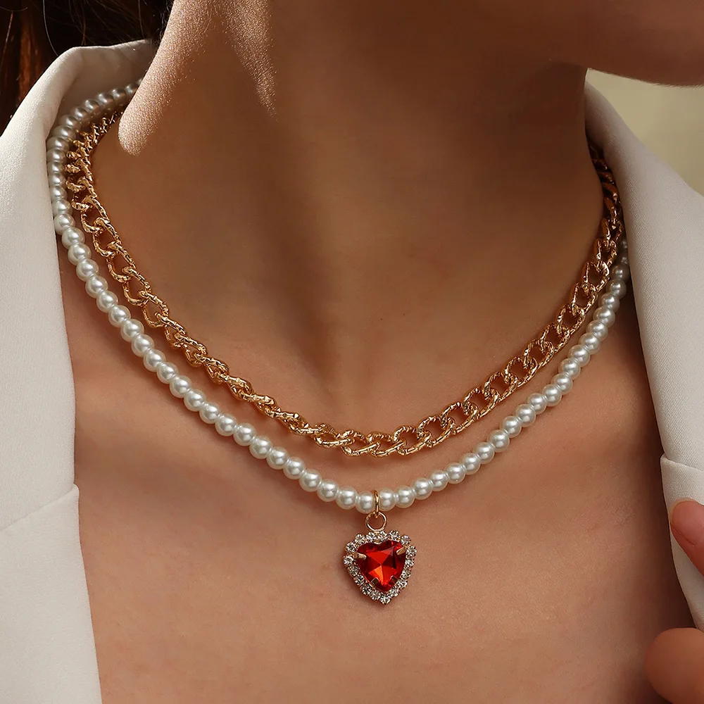 Fashion Imitation Pearl Double Layer Necklace Green Black Red Crystal Inlaid Rhinestone Love Pendant Necklace Wedding Jewelry
Fashion Imitation Pearl Double Layer Necklace Green Black Red Crystal Inlaid Rhinestone Love Pendant Necklace Wedding Jewelry