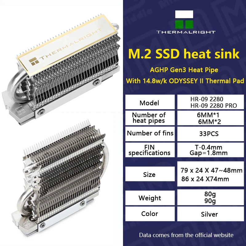 

Thermalright HR-09 2280/HR-09 2280 PRO M.2 Solid State Drive AGHP Fully Electroplated Heat Pipe Radiator SSD Cooler